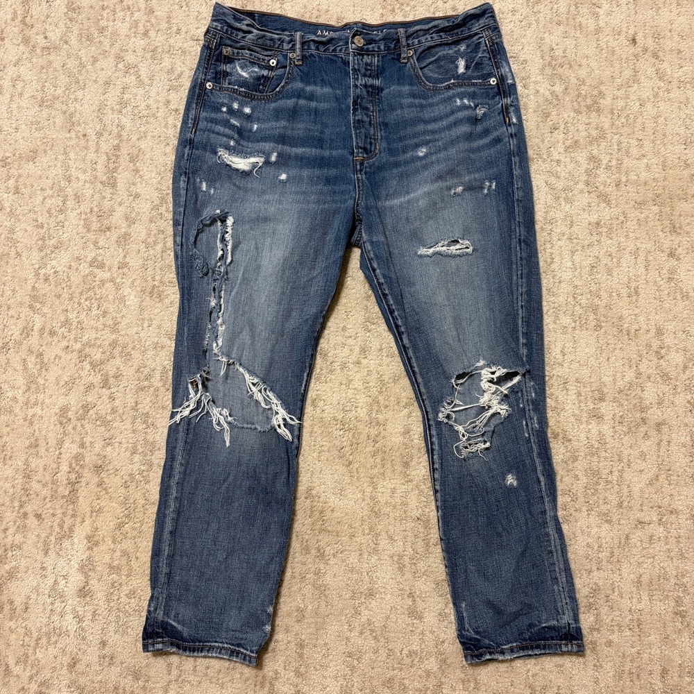 American Eagle Jeans Womens 14 Short Blue Hi Rise Girlfriend  Distressed Denim